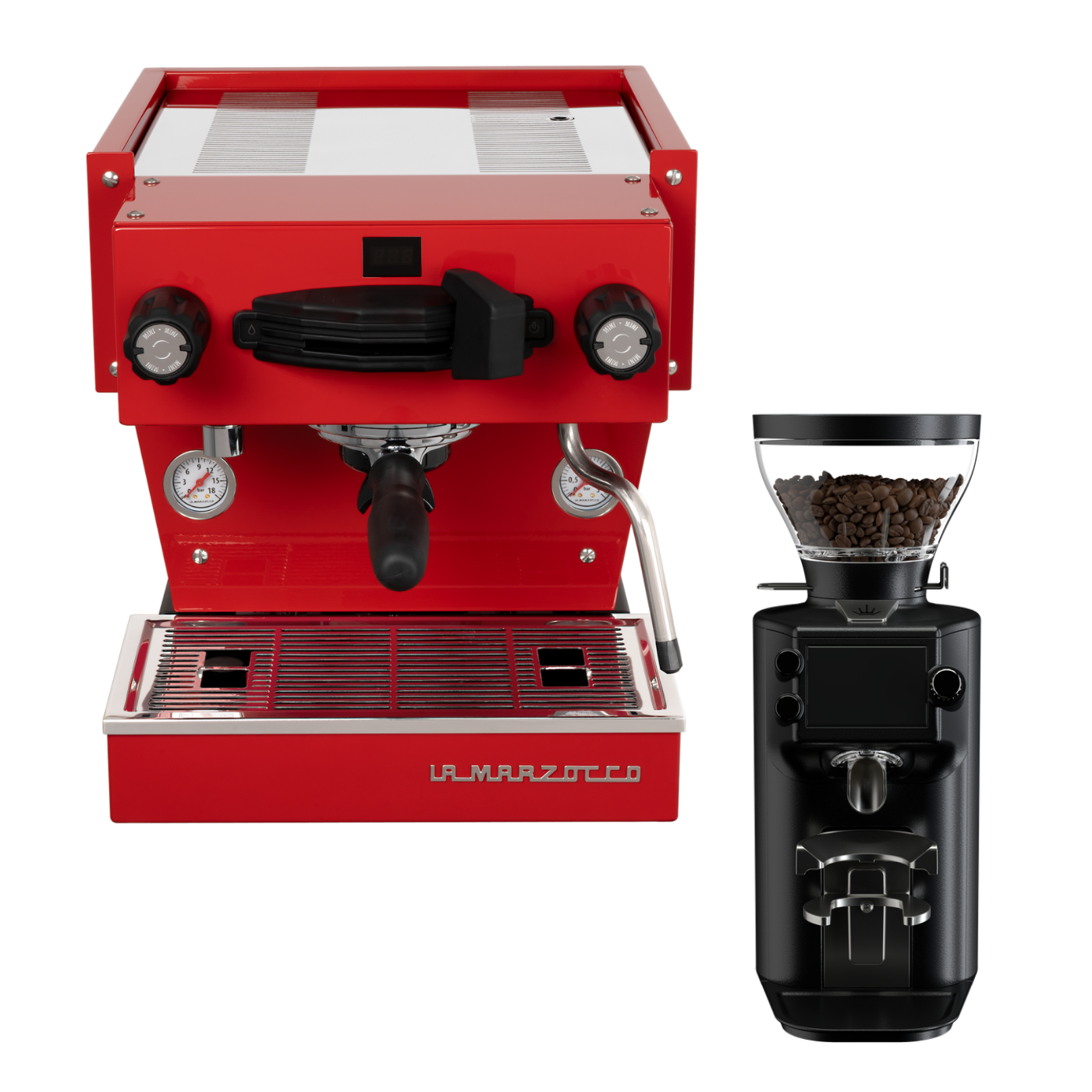 La Marzocco Linea Mini R Rot mit Mahlkönig E64 WS Schwarz – Originalproduktfoto aus dem BaristaYOU Sortiment