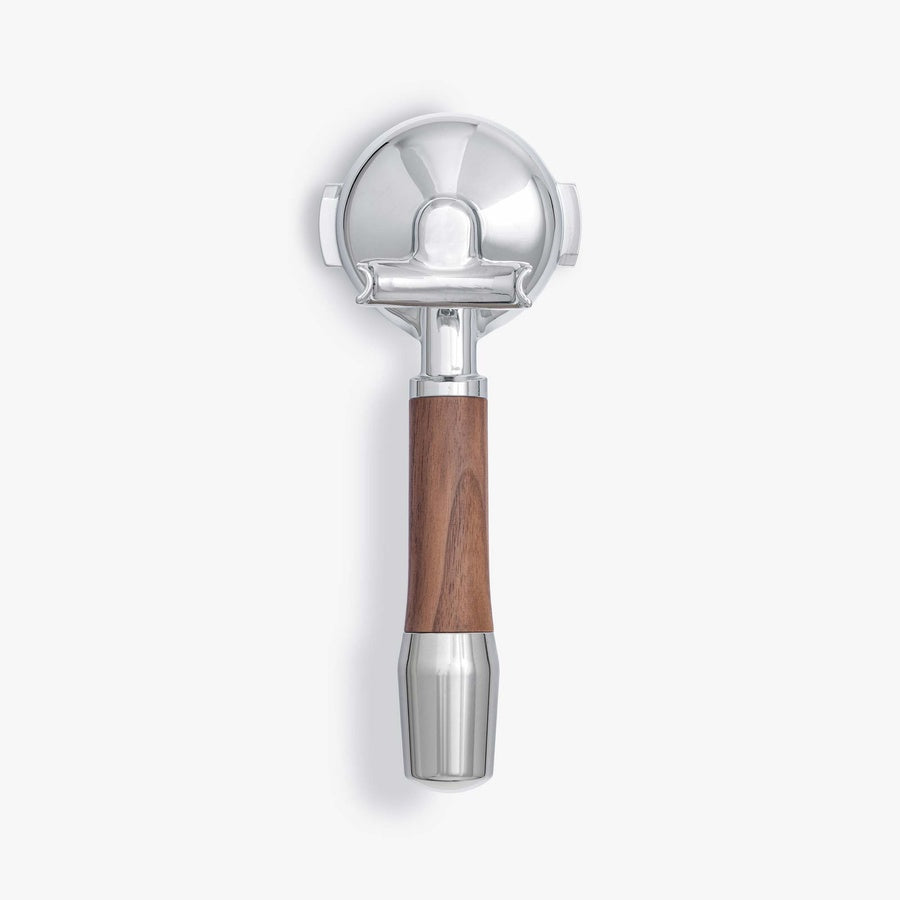 Wiedeman Siebträger with walnut wood handle for ECM 58mm E61, stainless steel, ergonomic design.