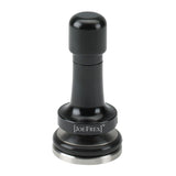Joefrex Tamper with adjustable pressure in black, aluminum handle, stainless steel base, 58mm & 58.5mm.