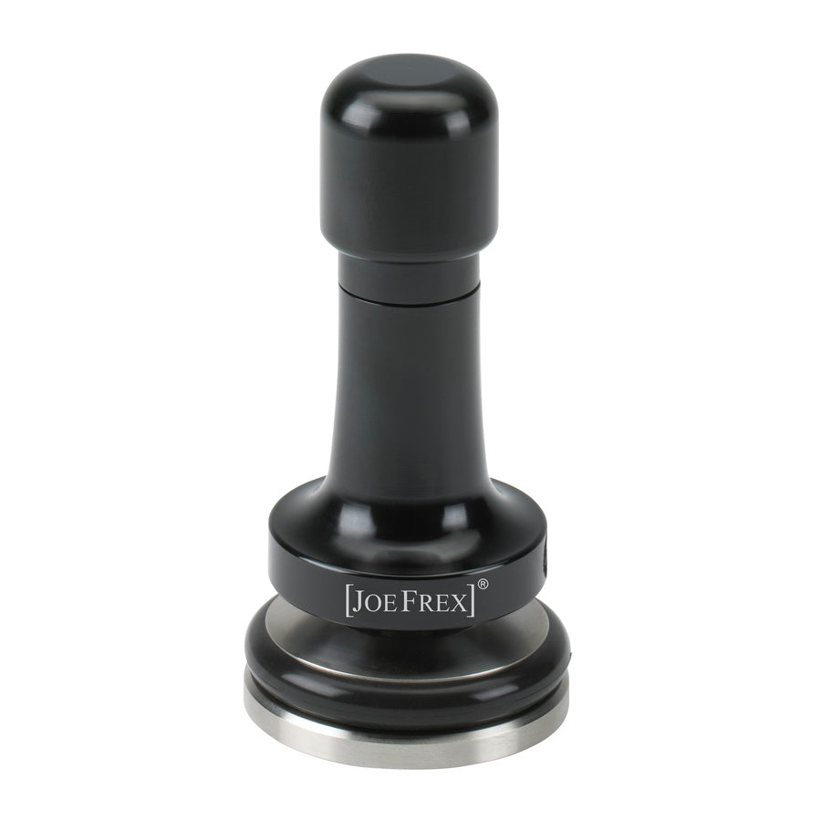 Joefrex Tamper with adjustable pressure in black, aluminum handle, stainless steel base, 58mm & 58.5mm.