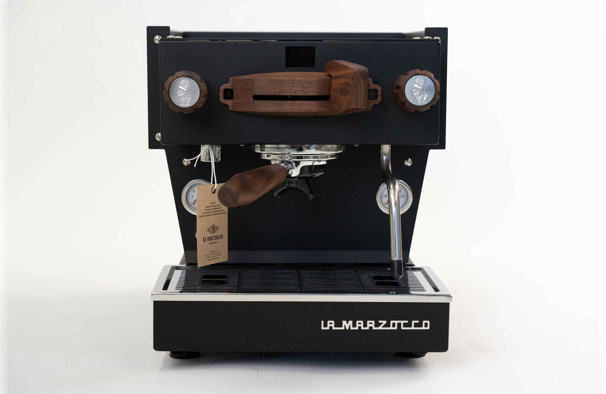 La Marzocco Linea Mini R Schwarz mit Walnussholz von RB Crafts Frontansicht