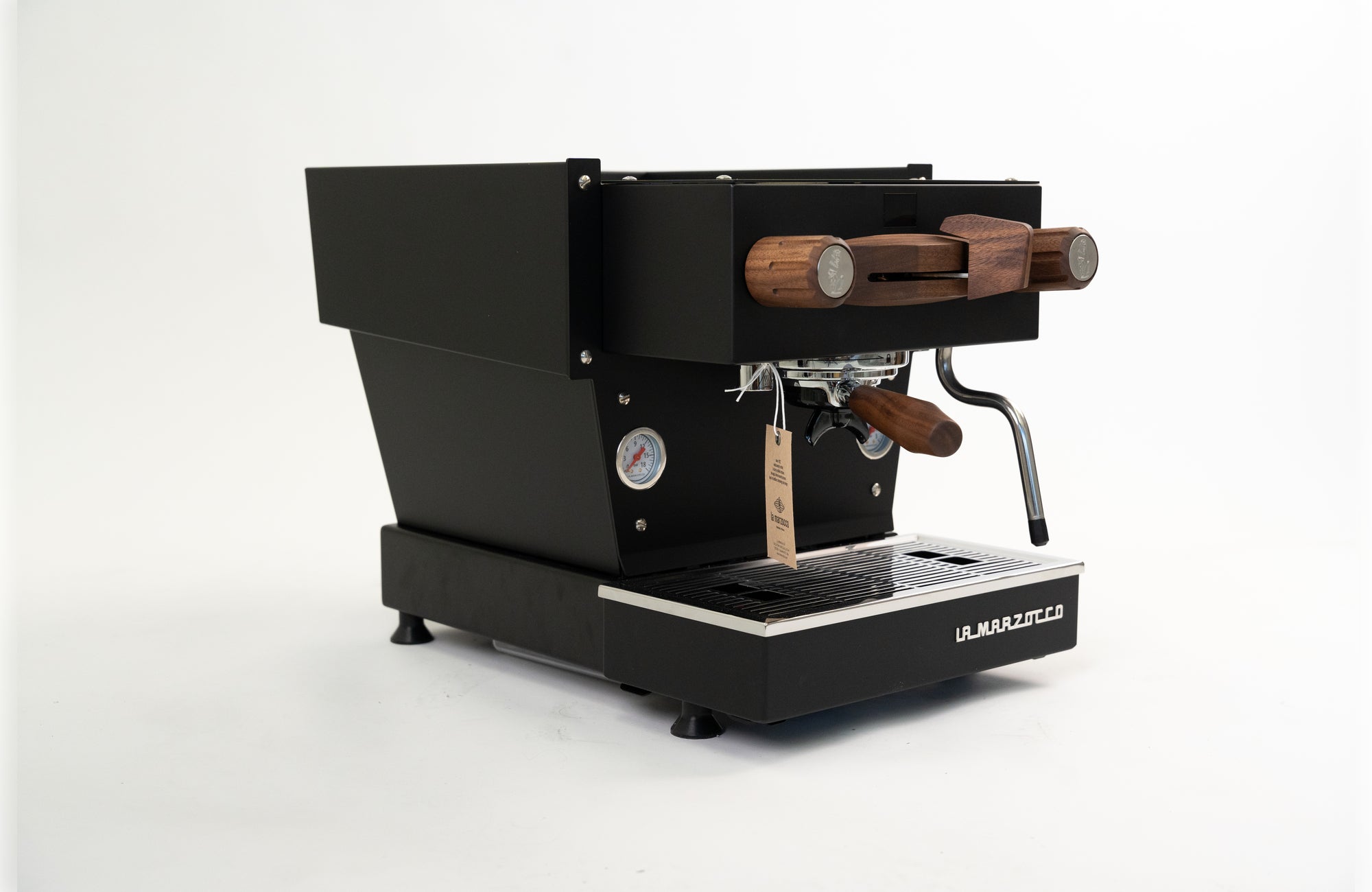 La Marzocco Linea Mini R Schwarz mit Walnussholz Detailansicht Paddle