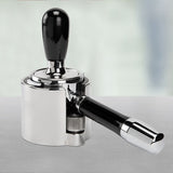 ECM Tamperstation made of polished stainless steel with adjustable height for precise tamping.