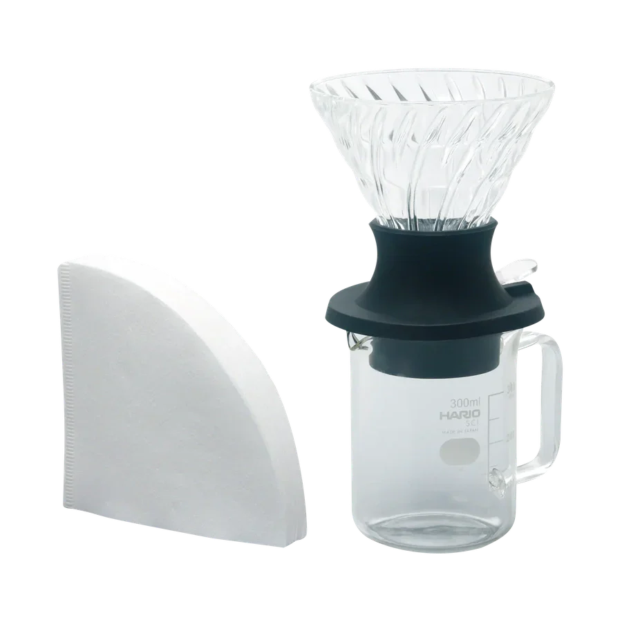 Hario V60 Immersion Dripper Switch Server Set 02 with paper filters, glass design.