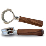 Ascaso bottomless portafilter with walnut handle and stainless steel head for Steel series espresso machines.
