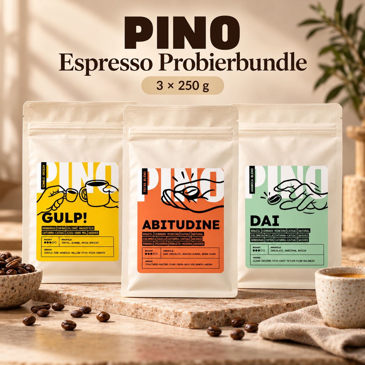 PINO Espresso Entdecker-Set – Gulp, Abitudine und Dai, jeweils 250 g