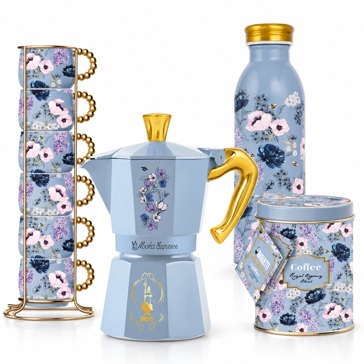 Bialetti Bridgerton Komplettset – Moka 6 Tassen, Tassen, Kaffee & Thermosflasche