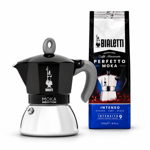 Bialetti Moka Induction Schwarz 4 Tassen & Perfetto Moka Intenso – Kaffee-Set