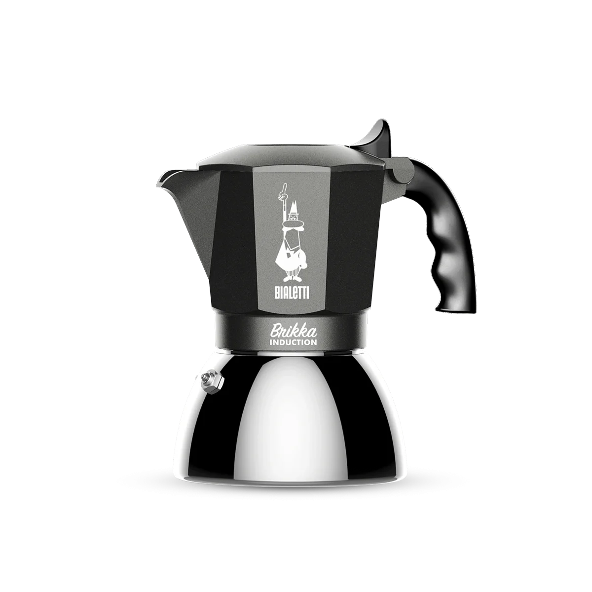 Bialetti Brikka Induction espresso maker for 4 cups with ergonomic handle and sleek design.