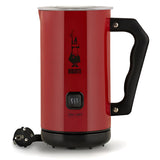Red Bialetti electric milk frother MKF02 with ergonomic handle and power switch.