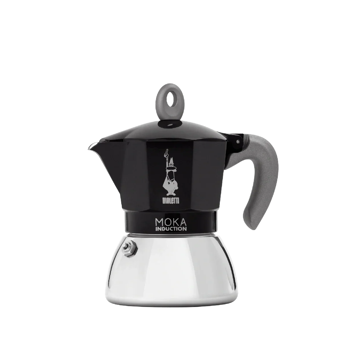 Bialetti New Moka Induction 4 cup black espresso maker with ergonomic silicone handle.