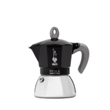 Bialetti New Moka Induction 4 cup black espresso maker with ergonomic silicone handle.