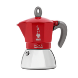 Bialetti New Moka Induction 6-Cup Espresso Maker, Red, compatible with all stovetops including induction, featuring a stainless steel and aluminum bi-layer boiler, ergonomic silicone handle, and patented safety valve.