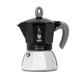 Bialetti New Moka Induction 6 Tassen Schwarz with ergonomic silicone grip and patented safety valve for all heat sources.