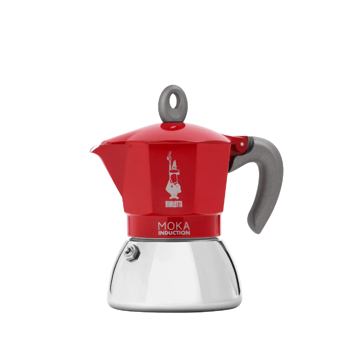 Bialetti New Moka Induction 4 cup red stovetop espresso maker with ergonomic silicone handle, suitable for induction hobs.