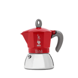 Bialetti New Moka Induction 4 cup red stovetop espresso maker with ergonomic silicone handle, suitable for induction hobs.