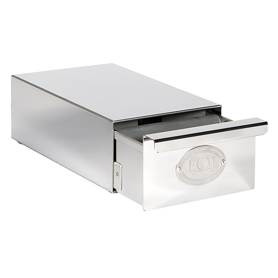 ECM Sudschublade Slim aus poliertem Edelstahl für kompakte Kaffeemühlen.