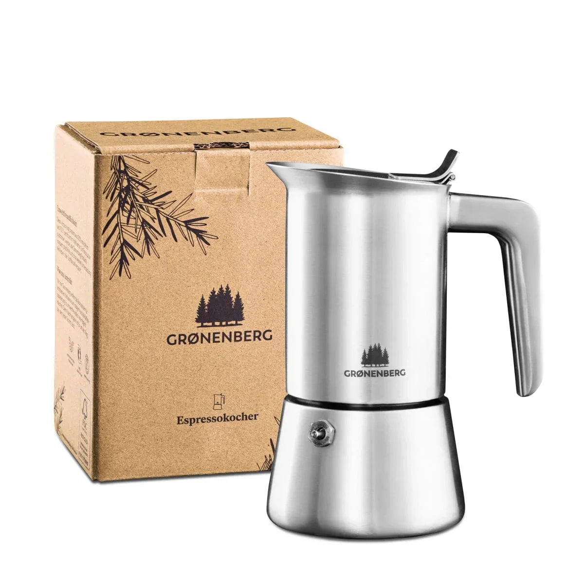 Groenenberg Espressokocher Edelstahl with box, suitable for induction, 4-cup capacity.
