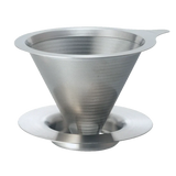 Hario Double Mesh Metal Dripper 01 in stainless steel for rich coffee flavor, eco-friendly, no paper filter needed.