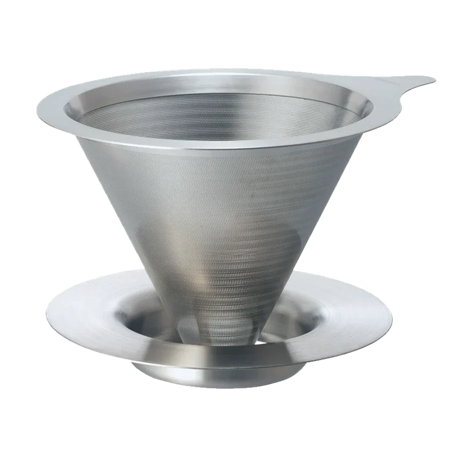Hario Double Mesh Metal Dripper 01 in stainless steel for rich coffee flavor, eco-friendly, no paper filter needed.