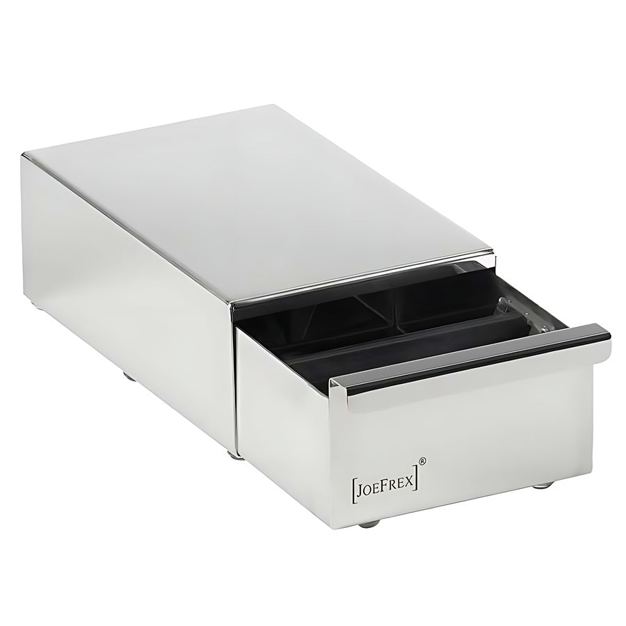 Joefrex Sudschublade D-mini Edelstahl with black silicone-coated aluminum knock bar and rubber feet.
