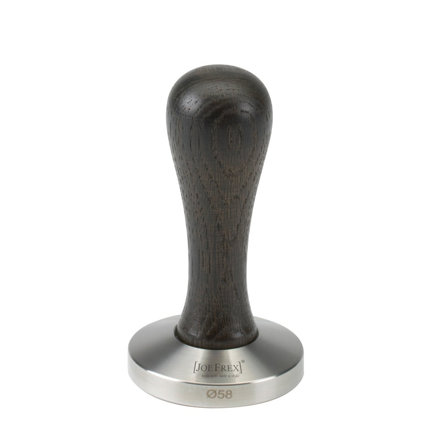 Joefrex Tamper with black oak wood handle, 58mm & 58.5mm stainless steel base, elegant barista accessory.
