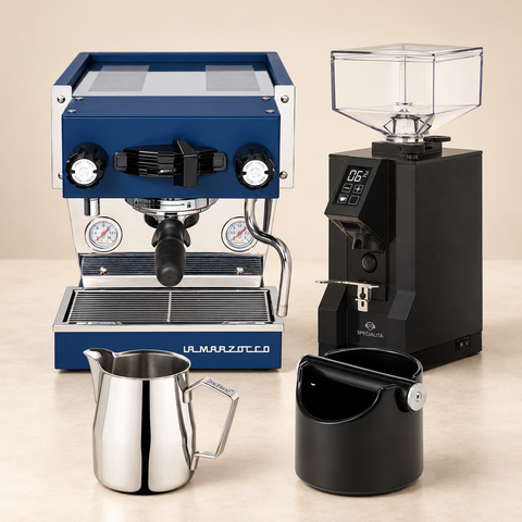La Marzocco Linea Micra Navy Blue & Eureka Specialità – 4-piece Set with Milk Pitcher & Knock Box