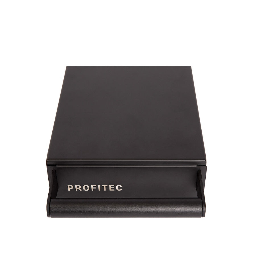 Profitec Sudschublade Schwarz Edelstahl with noise-dampening silicone bar and black aluminum handle.