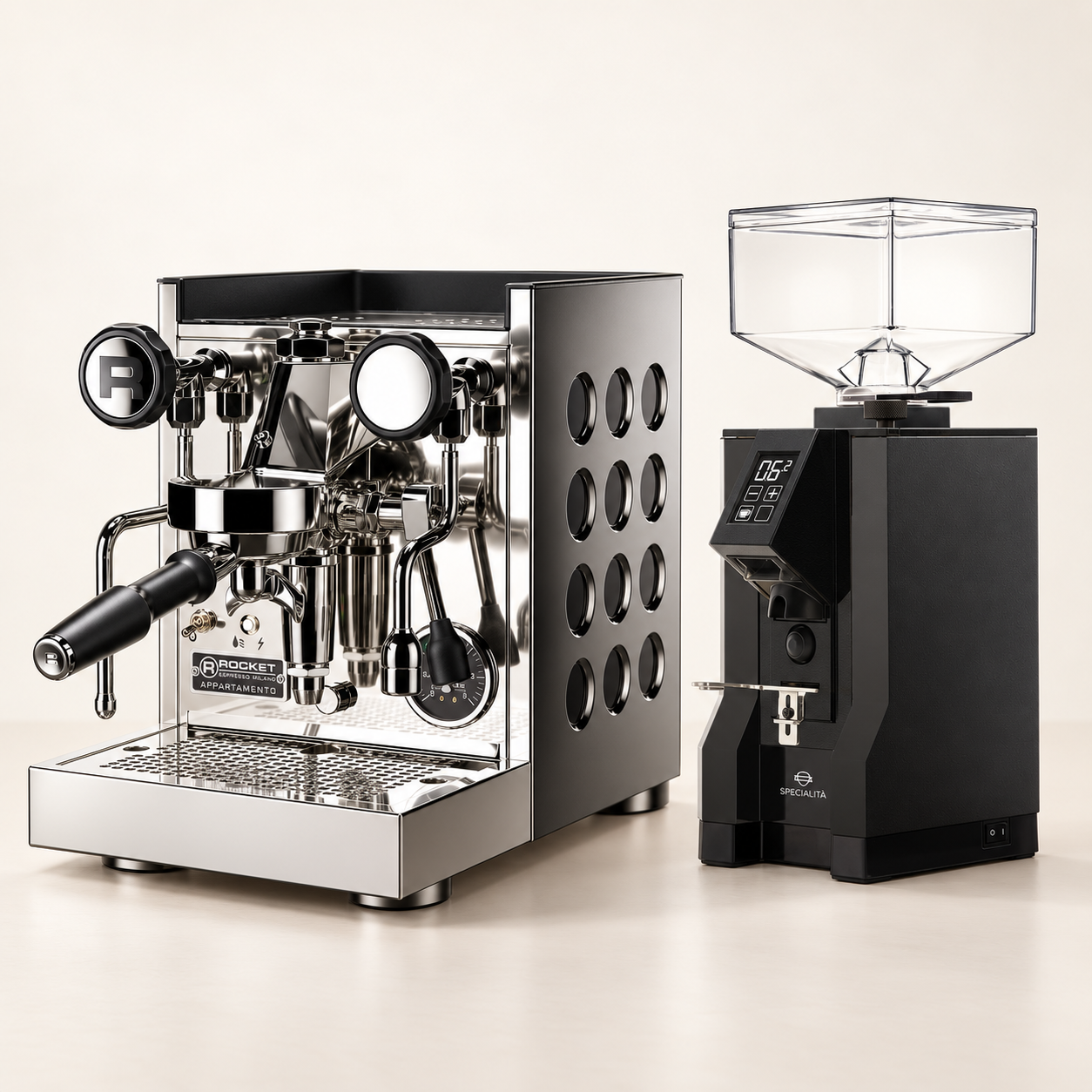 Rocket Appartamento TCA Chrom/Schwarz und Eureka Mignon Specialità Schwarz – Barista Komplettbundle